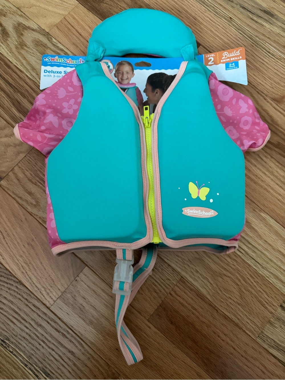 SwimSchools Kids Float Vest Swim Trainer - Teal & Pink Butterfly - maximum 23 lb